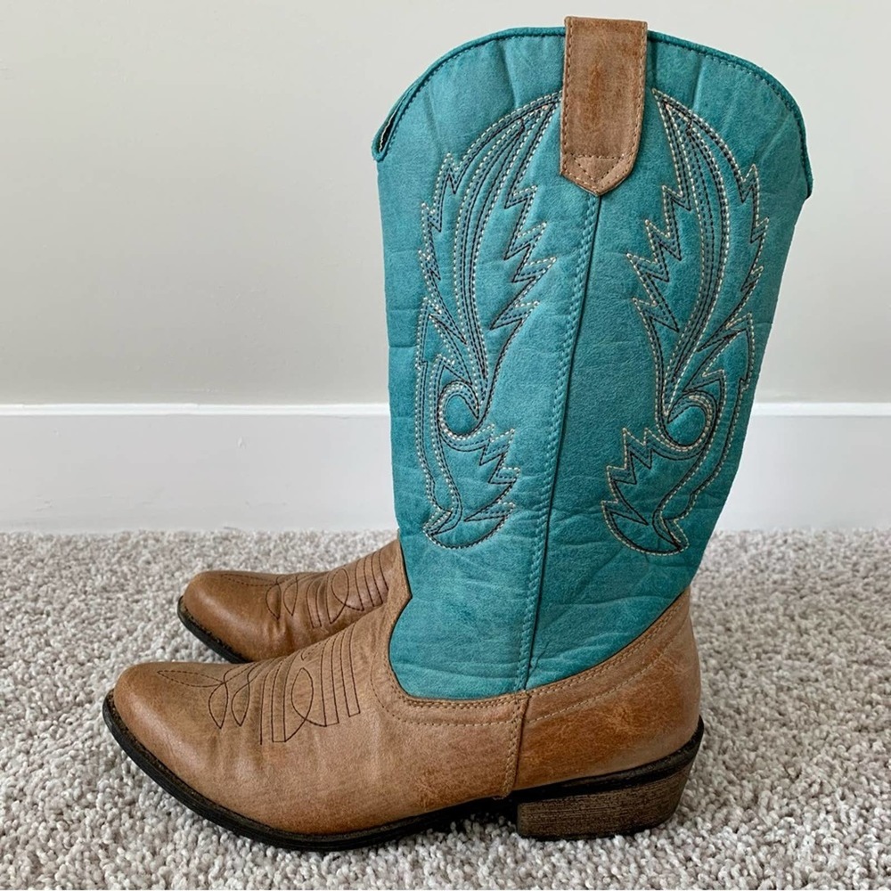 Coconuts by Matisse Gaucho Cowboy Boots Turquoise/Tan - Picture 5 of 11